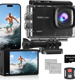 4K 60FPS Action Camera with 64GB Card-48MP Waterproof Camera,40M Underwater Camera,8X Zoom,EIS Stabilization,WiFi,Remote Control,MotorcycleCamera with 2 Rechargeable Batteries